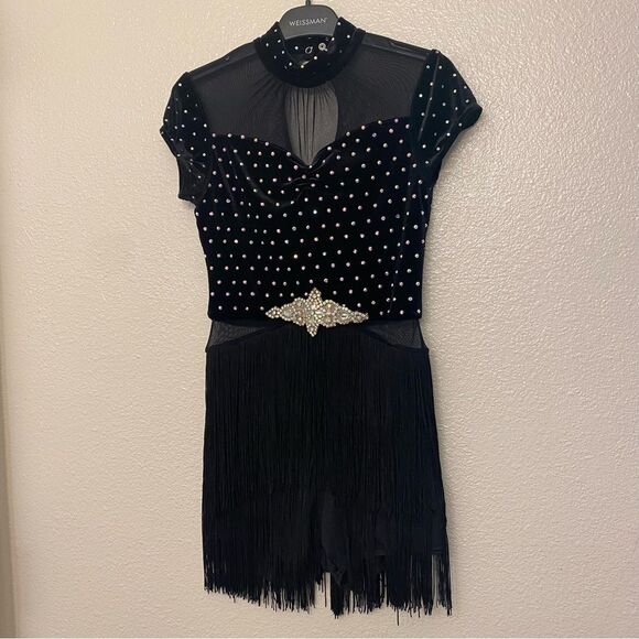 Weissman solo dance costume black velvet crystal fringe End Of Time 13009 SA - Picture 3 of 12